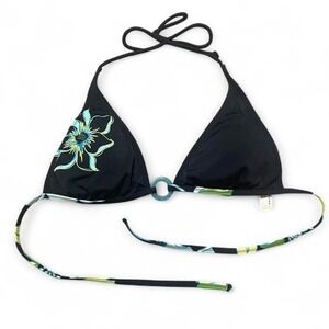 black bikini top with blue beaded flower design and jelly pendant
